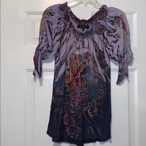 BLEU Boho Floral Blouse Small Purple Sheer Peasant Top Off Shoulder Tie Sleeve